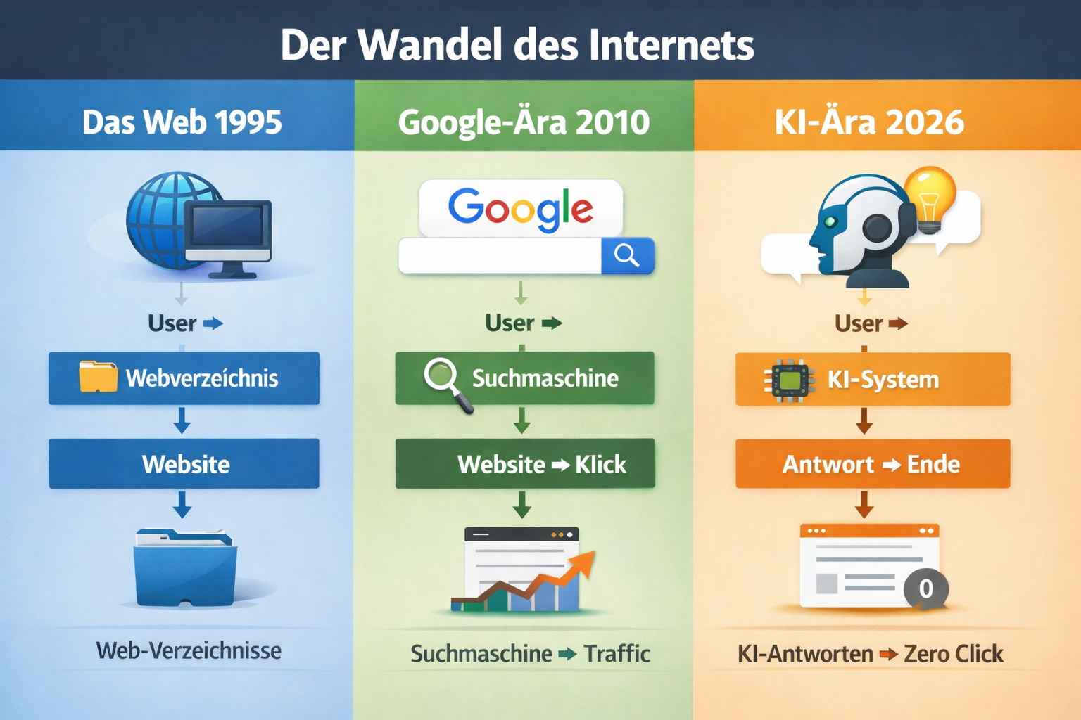 Grafik: Wandel des Internets vom Web-Verzeichnis über Google-Suche bis zur KI-Antwortmaschine (1995–2026)